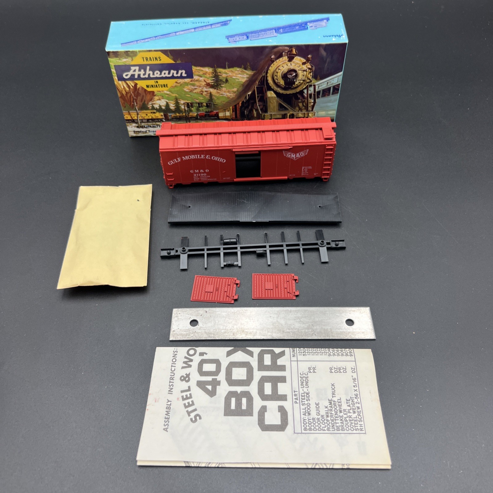 Vintage NOS Athearn HO GM+O 40′ Red Box Car #1201 New/Unbuilt in Original Box