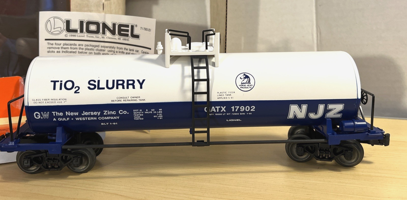 Lionel 6-17902 New Jersey Zinc Tank Car/White/Blue-New In Box