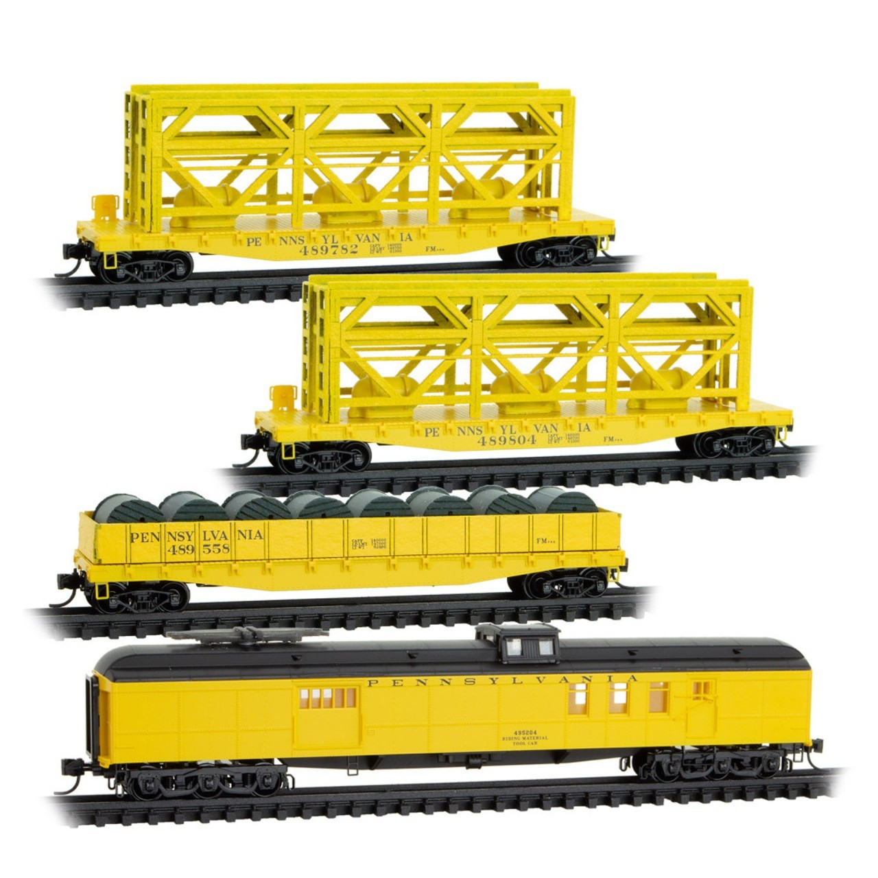 Micro Trains ~ N Scale ~ 50′ Flatcars and 70′ Baggage Car ~ PRR MOW ~ 98302277