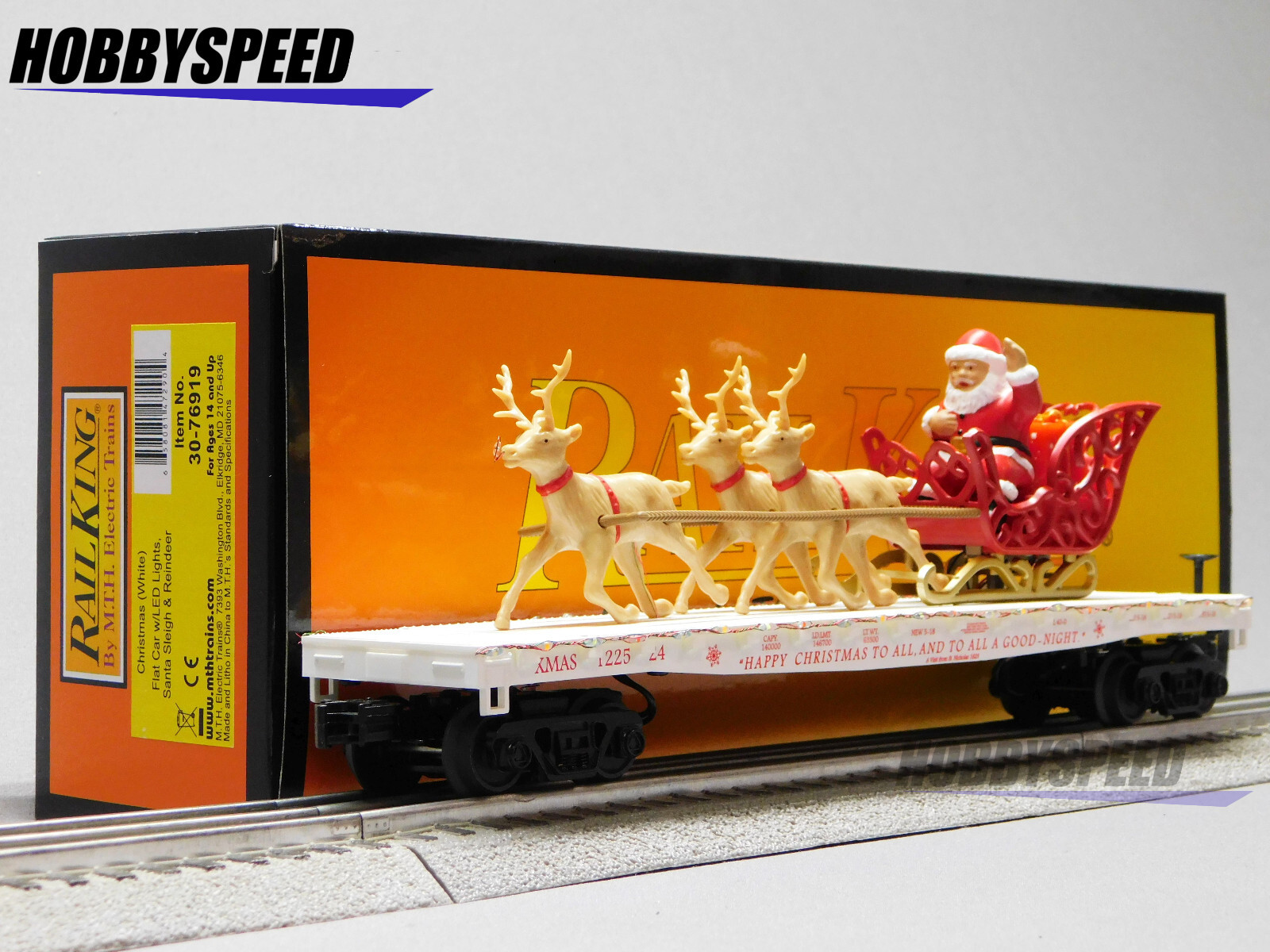 MTH RAILKING CHRISTMAS SANTA SLEIGH & REINDEER (White) O GAUGE flat 30-76919 NEW