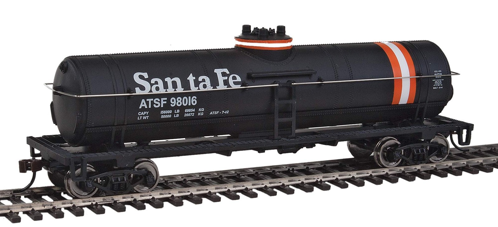 Walthers Trainline Tank 8.5 inches, Santa Fe Car, Black/Orange/White