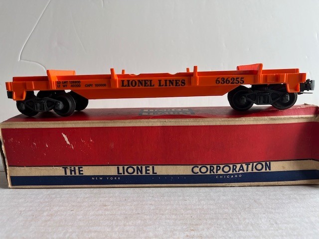 LIONEL POSTWAR 6362 – O Gauge – Orange – RAIL TRUCK CAR #636255 – with Box!