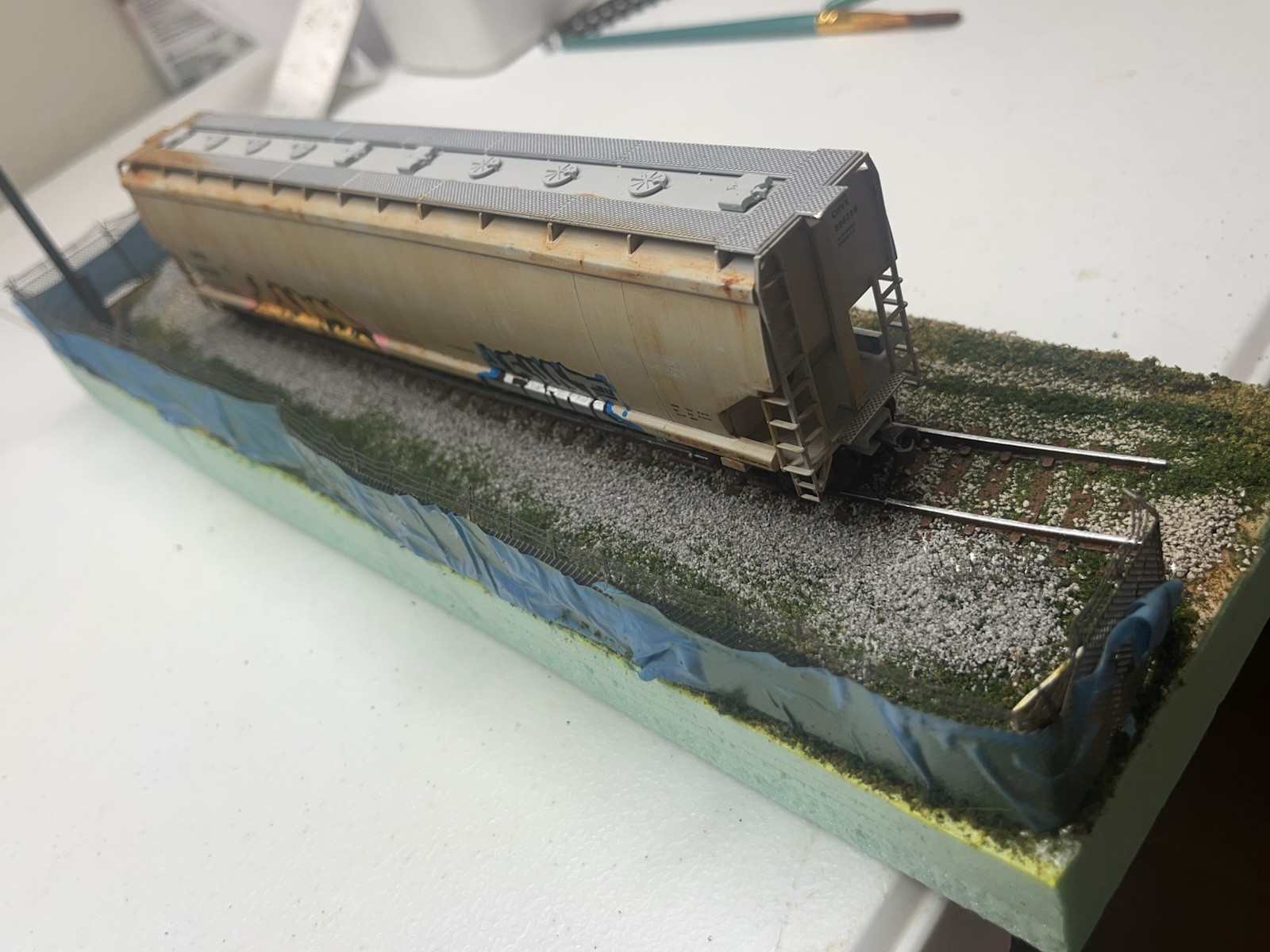 HO Scale Custom Train Display With Hopper Car Custom Graffiti And Weathering
