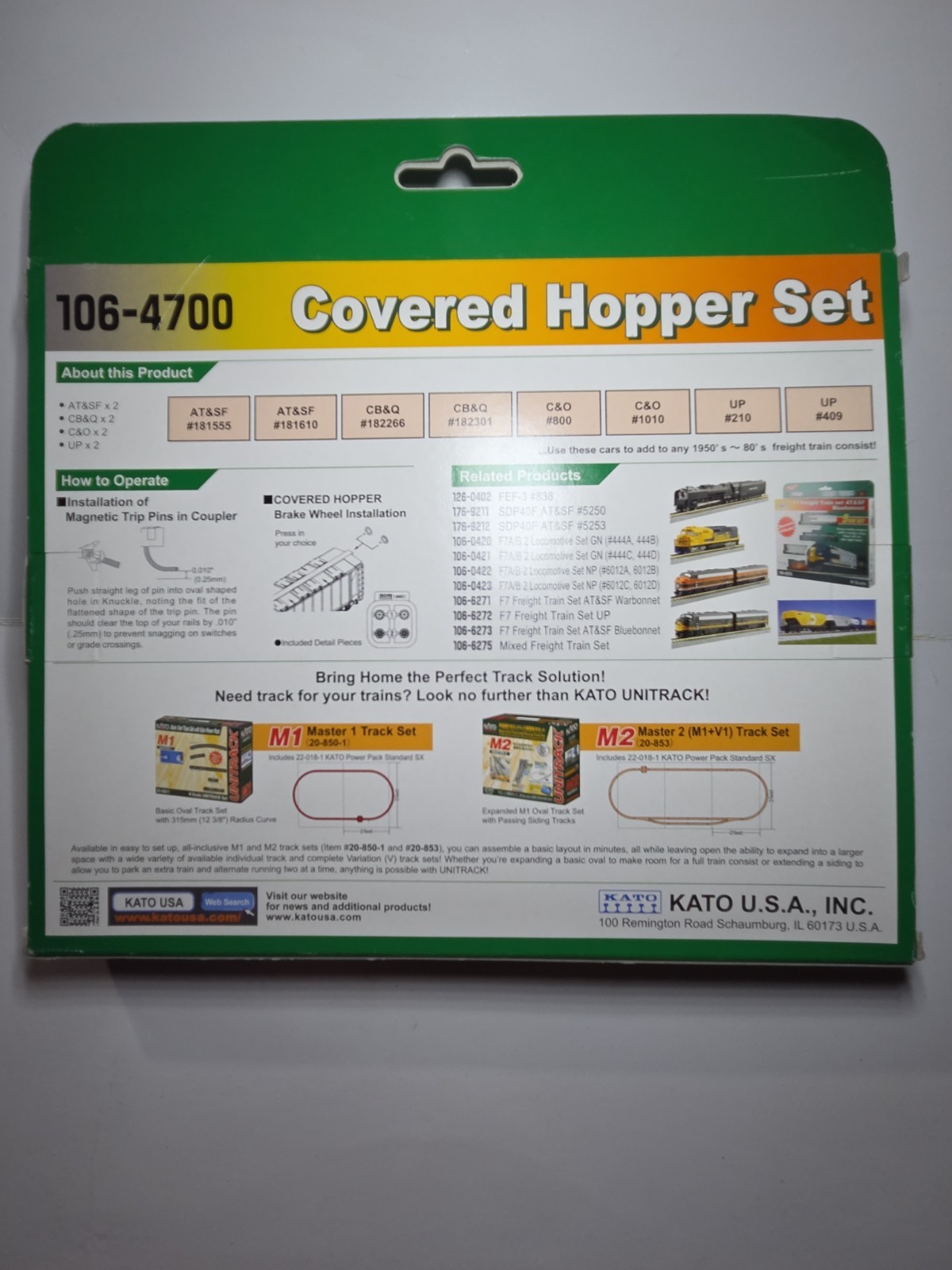 KATO N SCALE 8 CAR COVERED HOPPER SET 106-4700 ATSF CB&Q C&O UP
