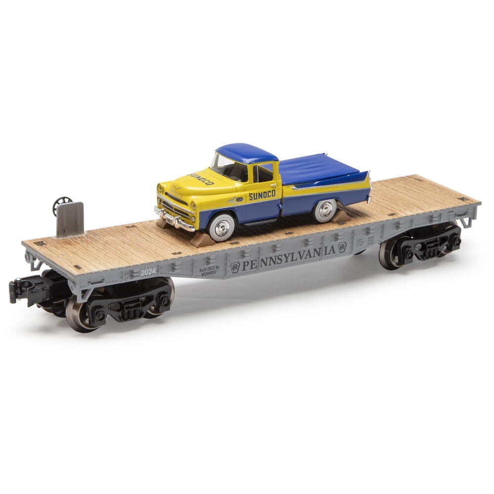 O Gauge 10-1/2″ Flat Car – PENNSYLVANIA – Diecast 1957 Dodge Sweptside – SUNOCO