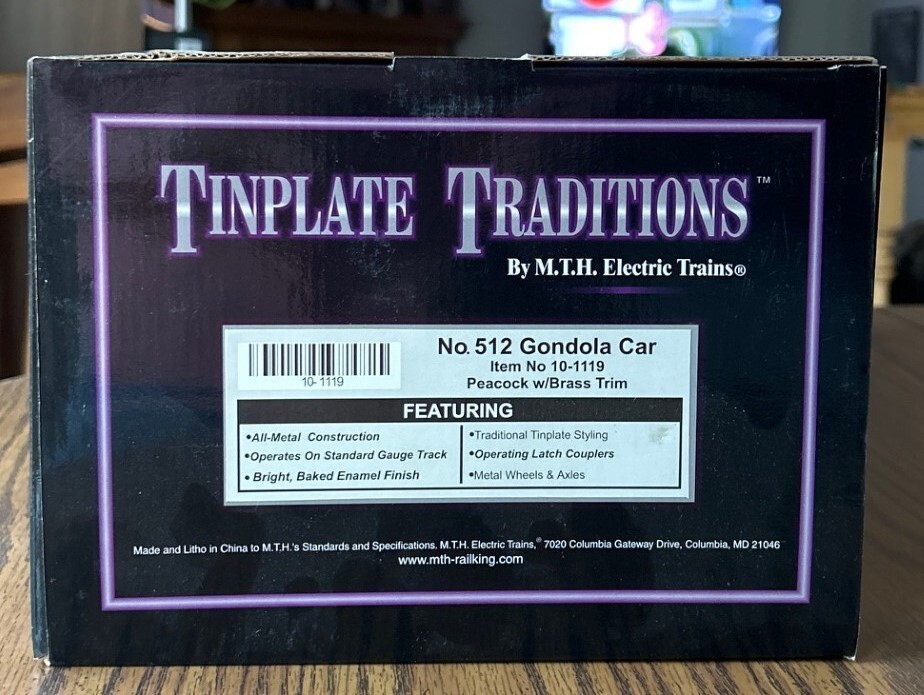MTH Standard Tinplate Peacock w/ Brass 512 Gondola Car w/ Barrels 10-1119 NEW