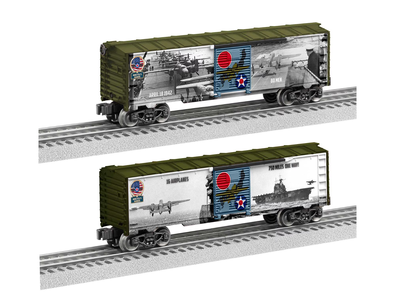 LIONEL 83785 DOOLITTLE RAID WWII MILITARY BOXCAR-DIFFERENT ON EACH SIDE-NEW IB.