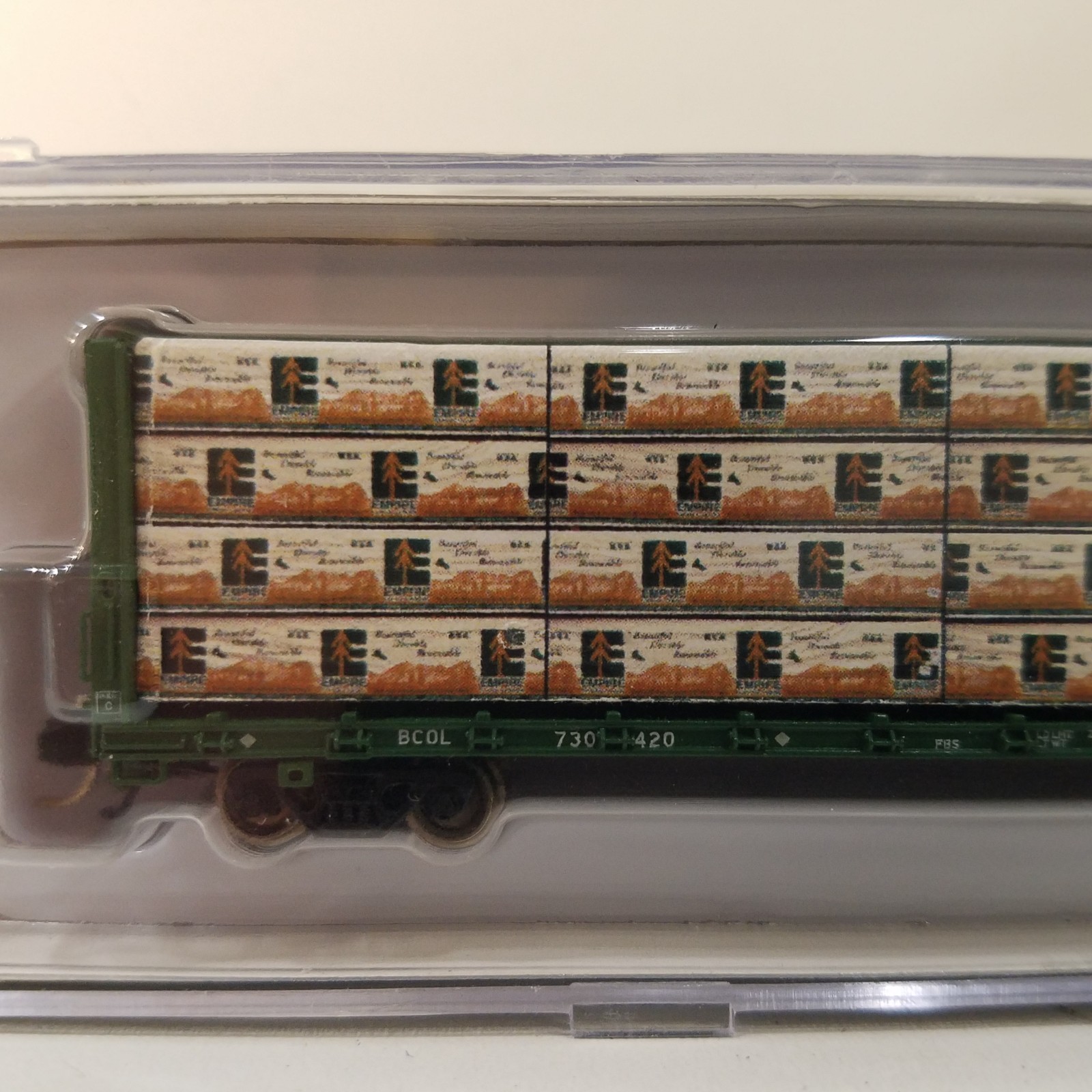 Rapido Trains N scale 75’ Centerbeam Flatcar – BC Rail #730420 with load.