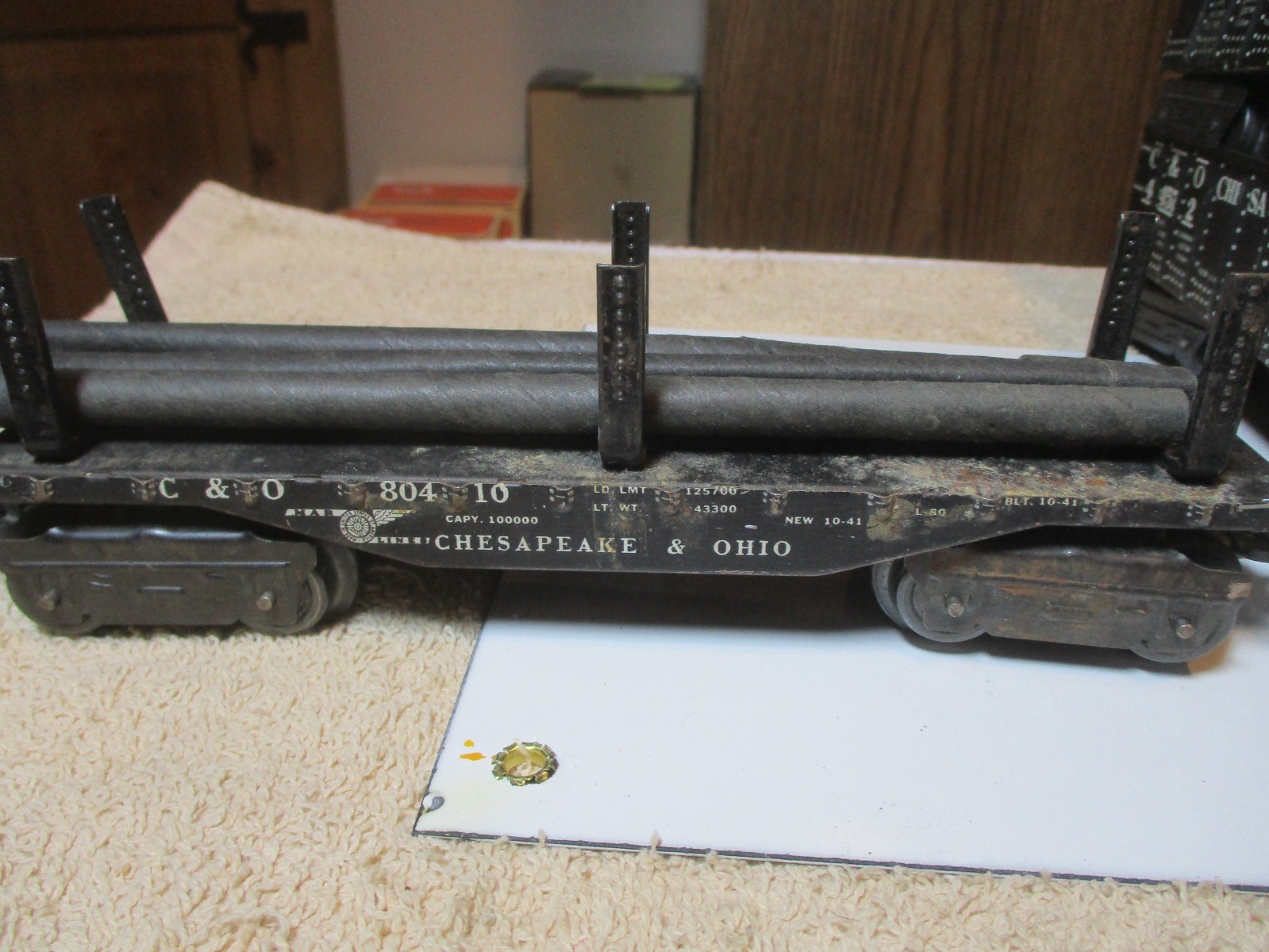 Vintage Marx O Gauge Flat Car Chesapeake & Ohio 80410 Black Steel W/Stakes/Load