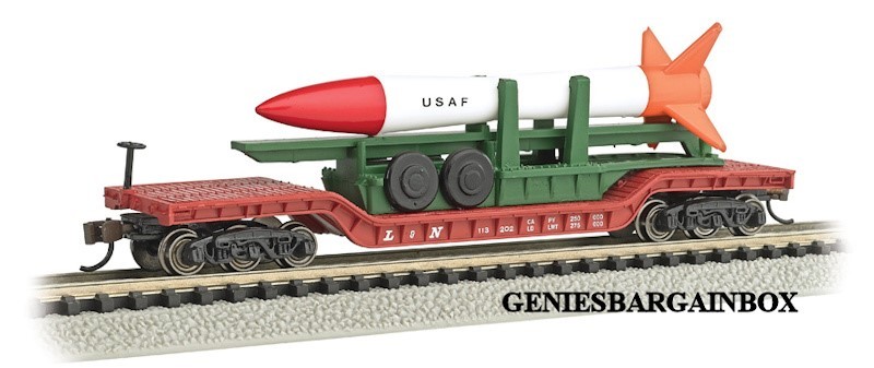 N Scale “US ARMY DEPRESSED 52′ FLAT CAR WITH MISSILE” New BACHMANN 71391