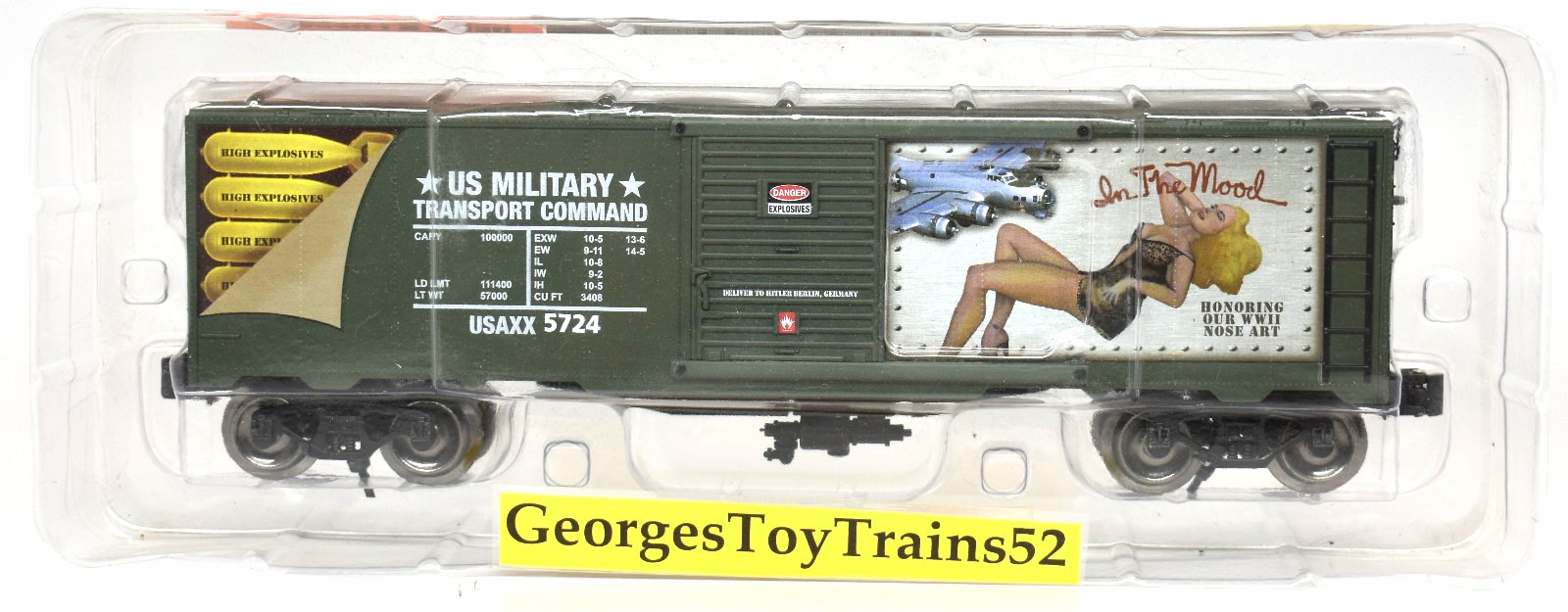 MENARD’S GOLD LINE 3-RL O #5724 WWII MILITARY BOX CAR ‘IN THE MOOD’ 279-3626 MNT