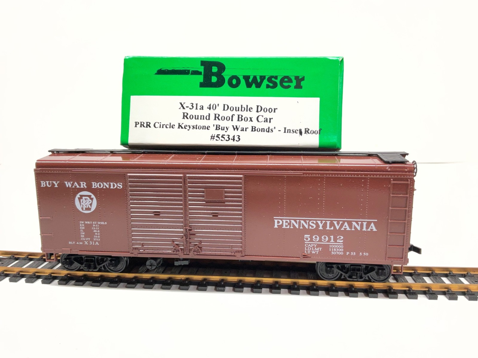 Bowser HO. X-31a 40″ Round Roof Boxcar PRR Circle Keystone Buy War Bonds 55343