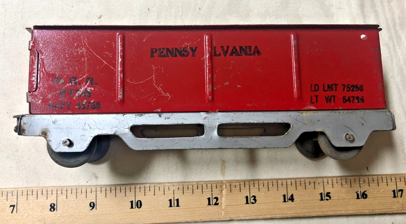 Marx Red 2785 Pennsy Floortoy Train Gondola Stamped Steel Silver Base Wood Wheel