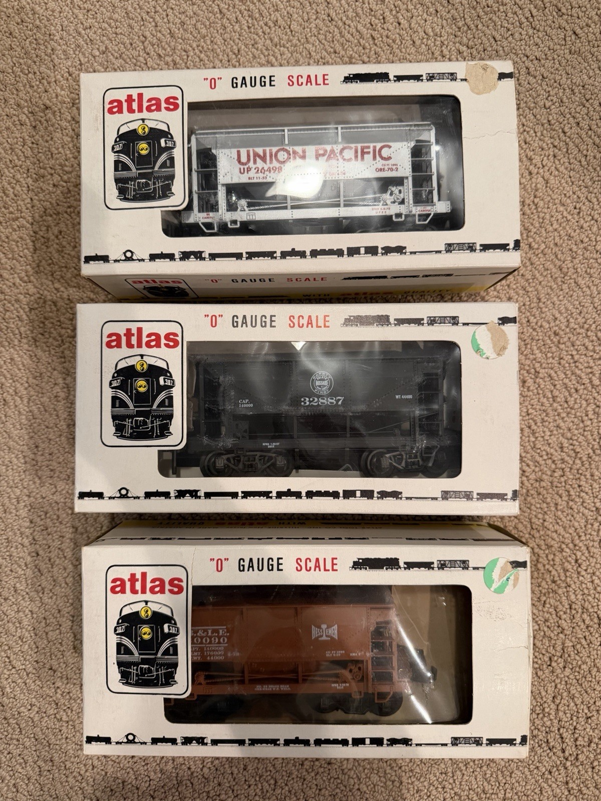Atlas O Gauge 70-Ton Ore Cars Lot of 3 w/ Original Boxes #6261 #6263 #6264