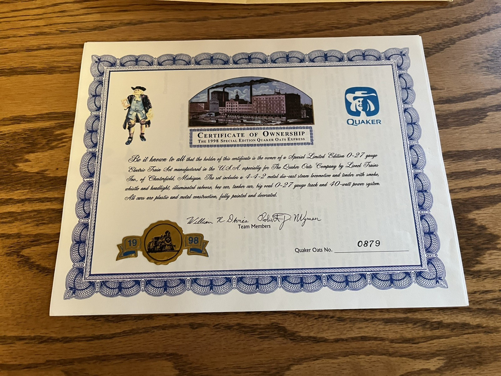 Lionel 6-11985 Train Set Quaker Oats 1998 – NEW IN BOX certificate of ownership