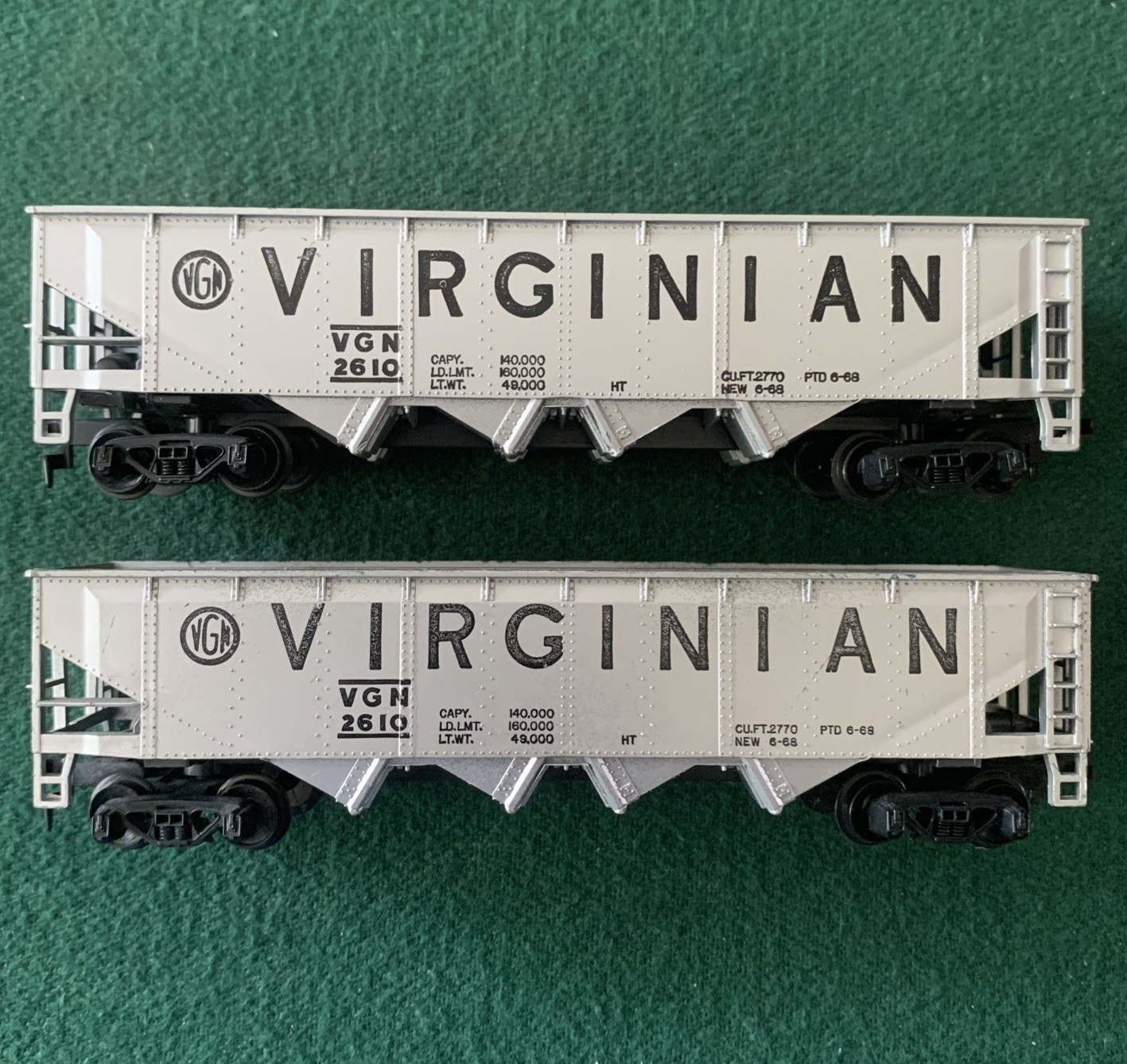 (2) Tyco VIRGINIAN VGN 2610 Hopper Cars, Silver, HO Lot, Vintage