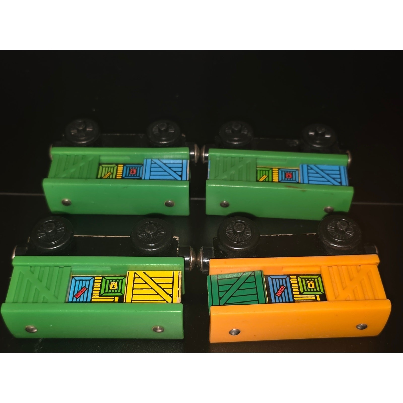 Wooden Railway Magnetic Box Car Freight Train Set 4 Piece Green Orange Black