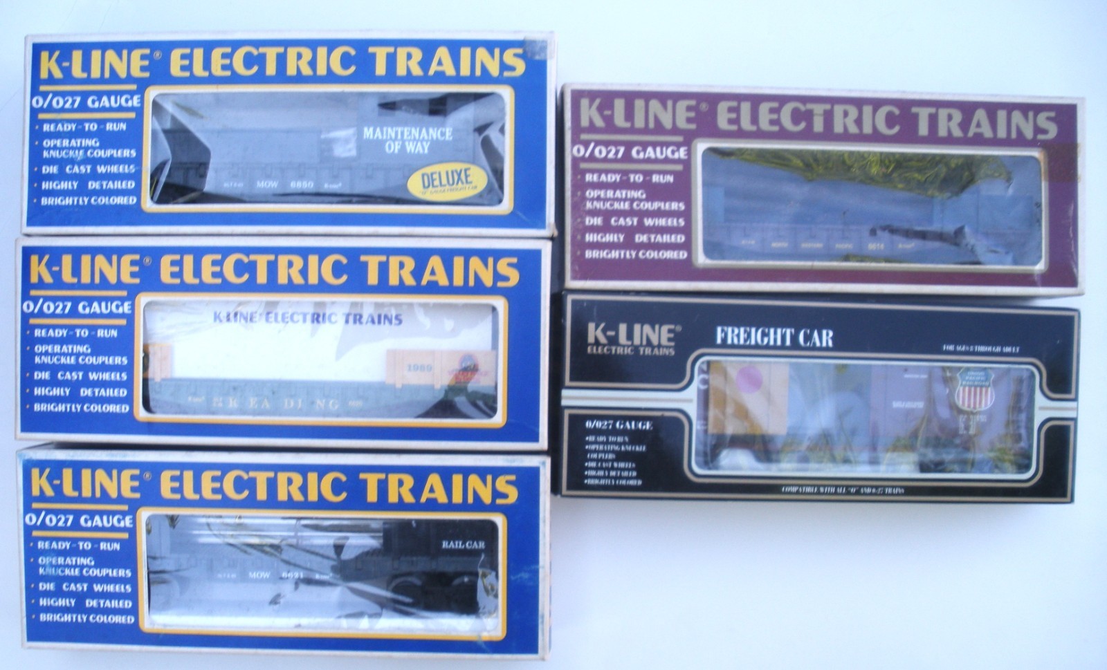 Five K-LINE O Gauge Cars K644-2111, K-6850, K6621, K-6620, & K-6614 1985-1995