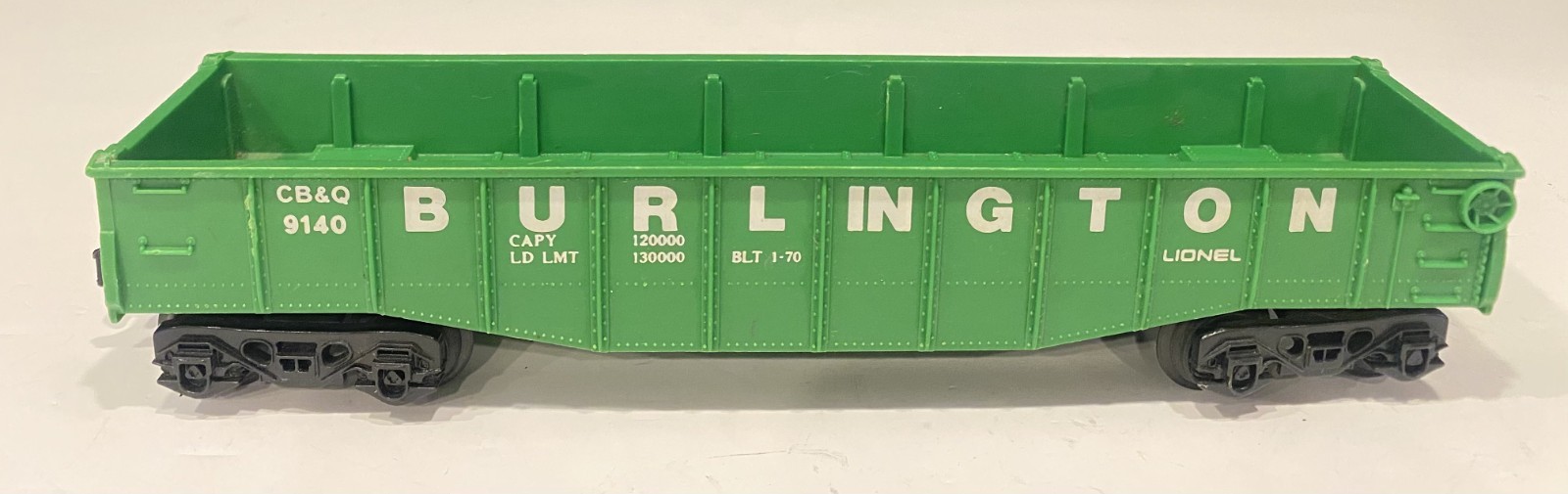 Lionel 9140 Burlington Gondola Car Green CB&Q O Gauge Vintage MPC Train LN