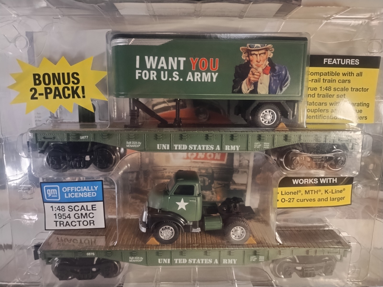 Menards United States Army Truck & Trailer Set On Flat Car 2 Pack.