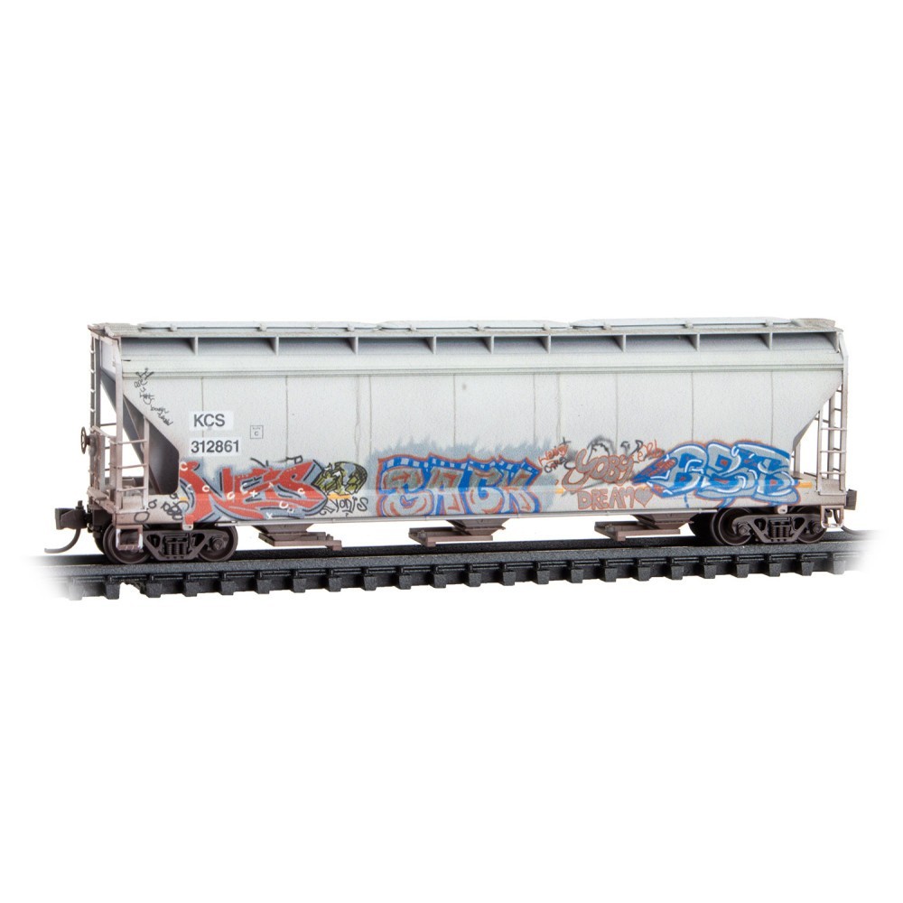 KCS CP RAIL 3-Bay Covered Hopper Weathered Graffiti MTL #094 44 272 N SCALE