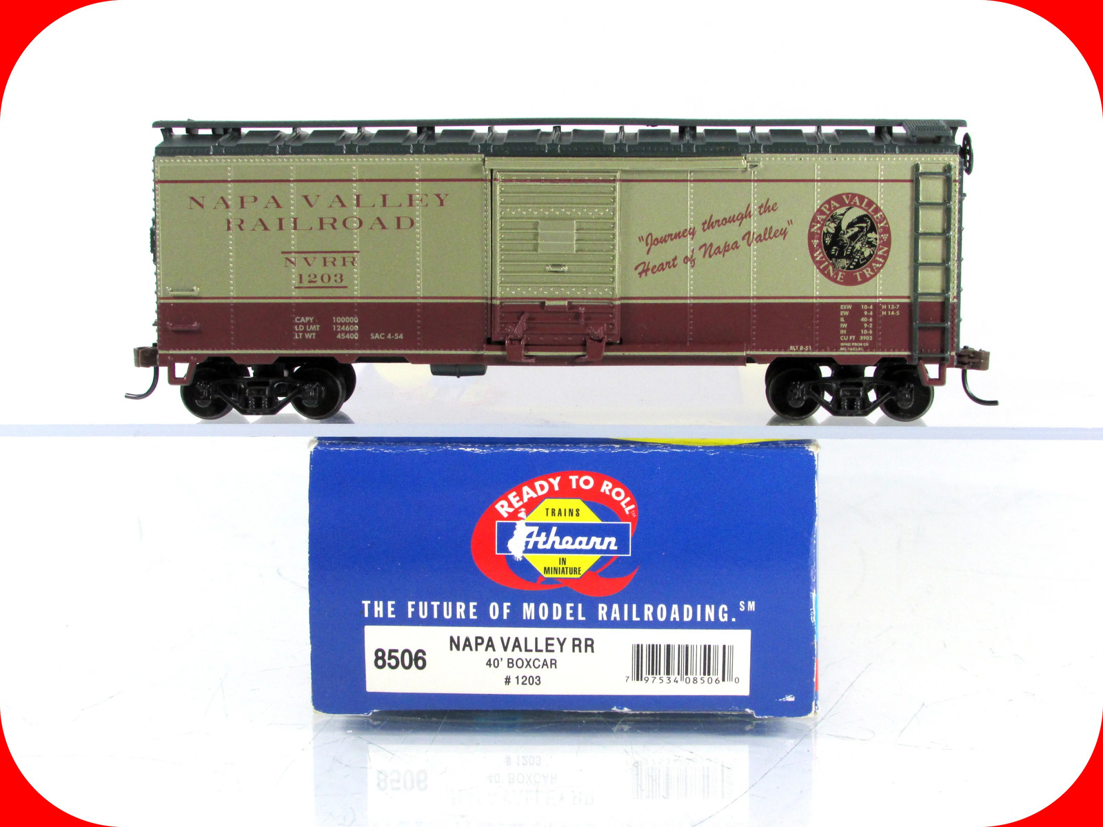 HO Scale *NAPA VALLEY* Railroad Wine Train 40′ Box Car, NVRR 1203 -Athearn 8506