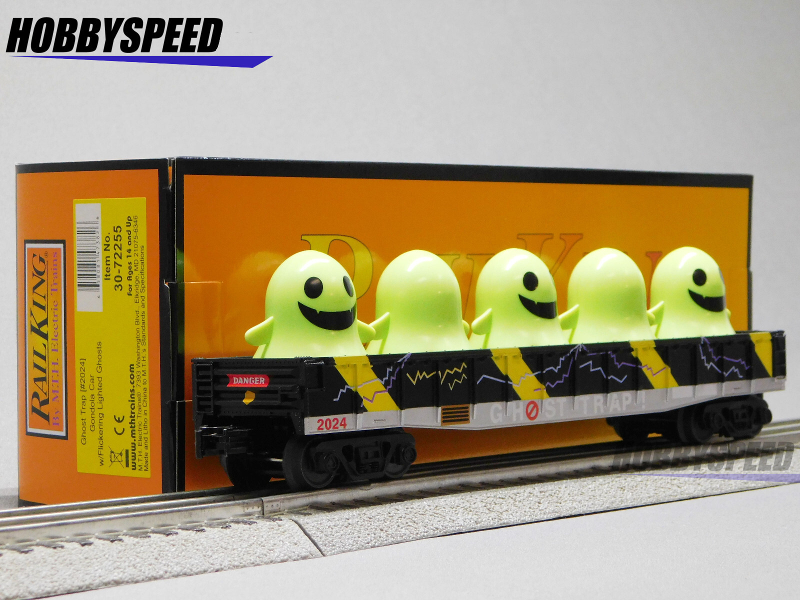 MTH RAILKING HALLOWEEN GONDOLA WITH GLOWING LIGHTED GHOSTS TRAP 30-72255 NEW