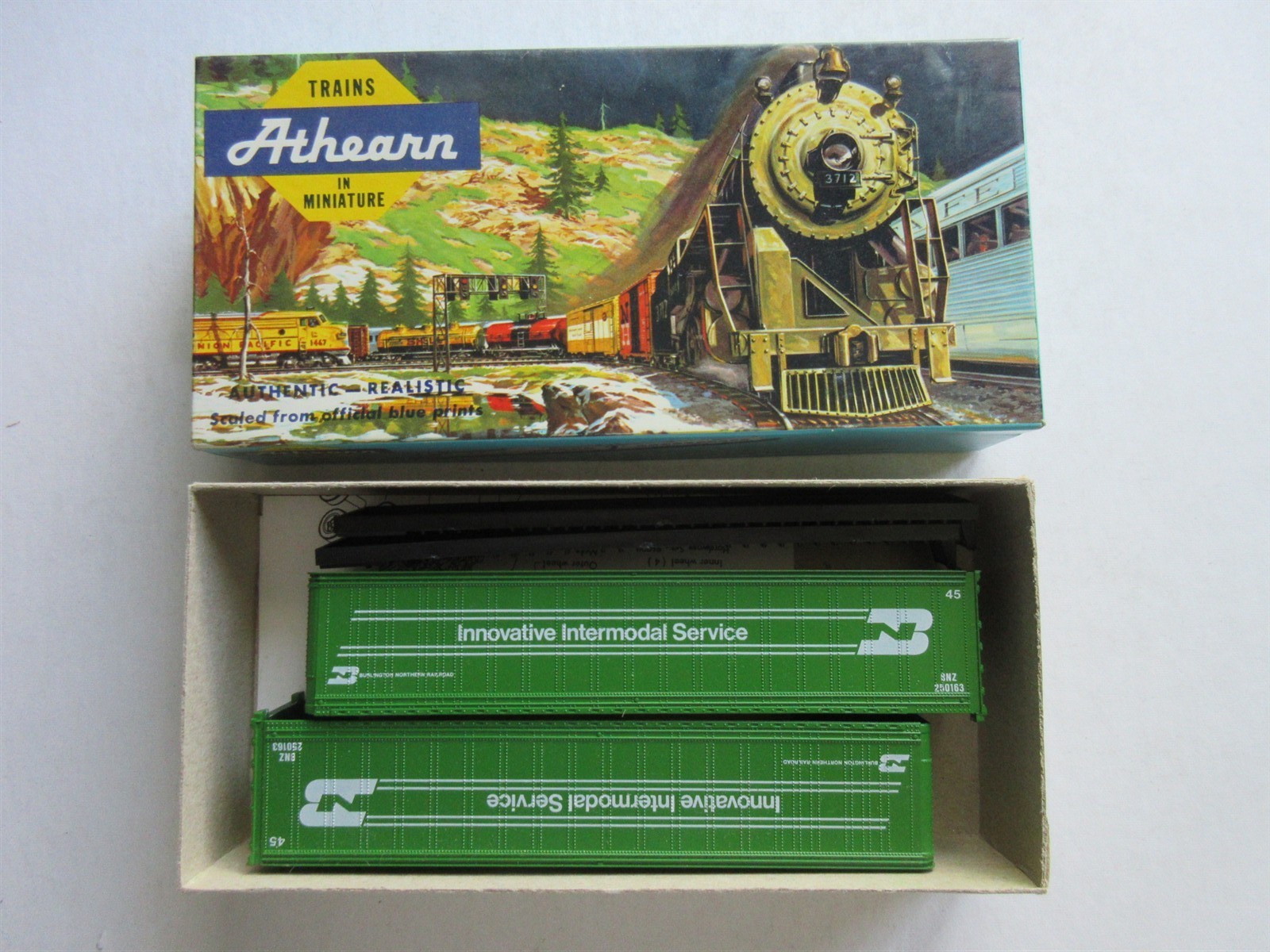 HO Athearn 5601 45′ Trailers (2) BN Burlington Northern 250163 Blue Box Kit