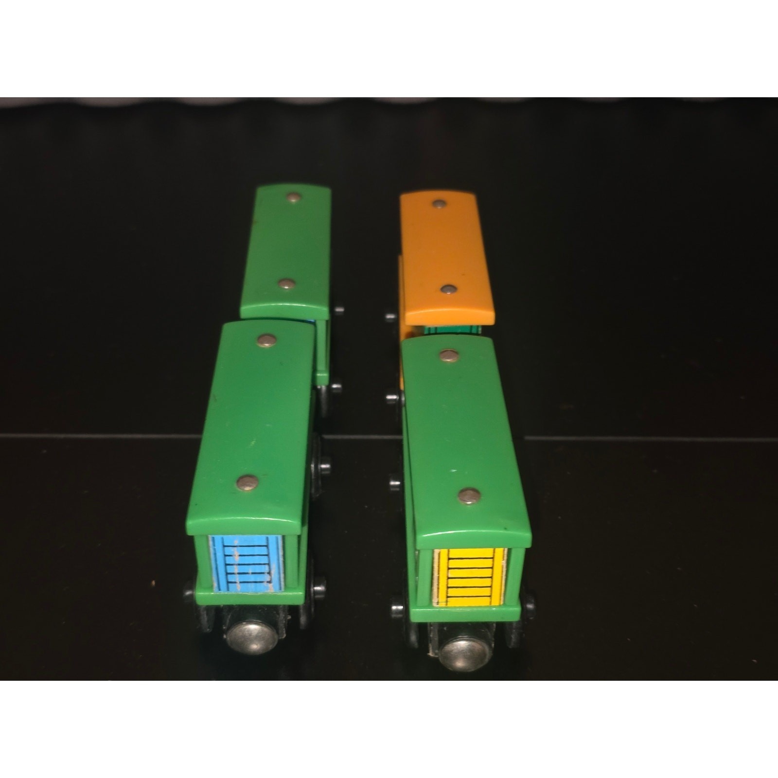 Wooden Railway Magnetic Box Car Freight Train Set 4 Piece Green Orange Black