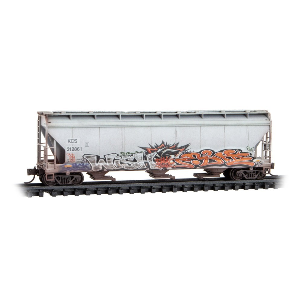 KCS CP RAIL 3-Bay Covered Hopper Weathered Graffiti MTL #094 44 272 N SCALE