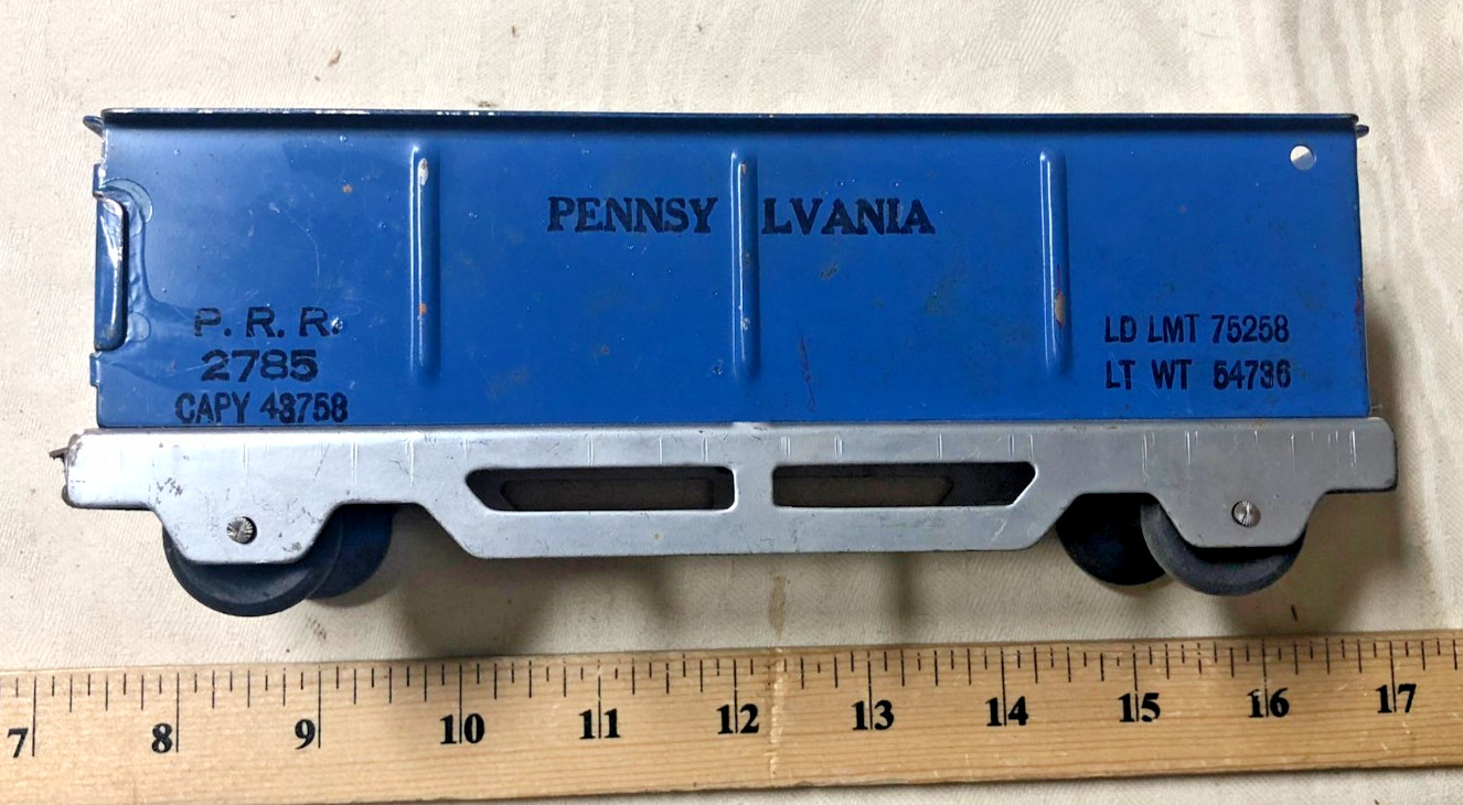 Marx Blue 2785 Pennsy Floortoy Train Gondola Steel Silver Base Wooden Wheels