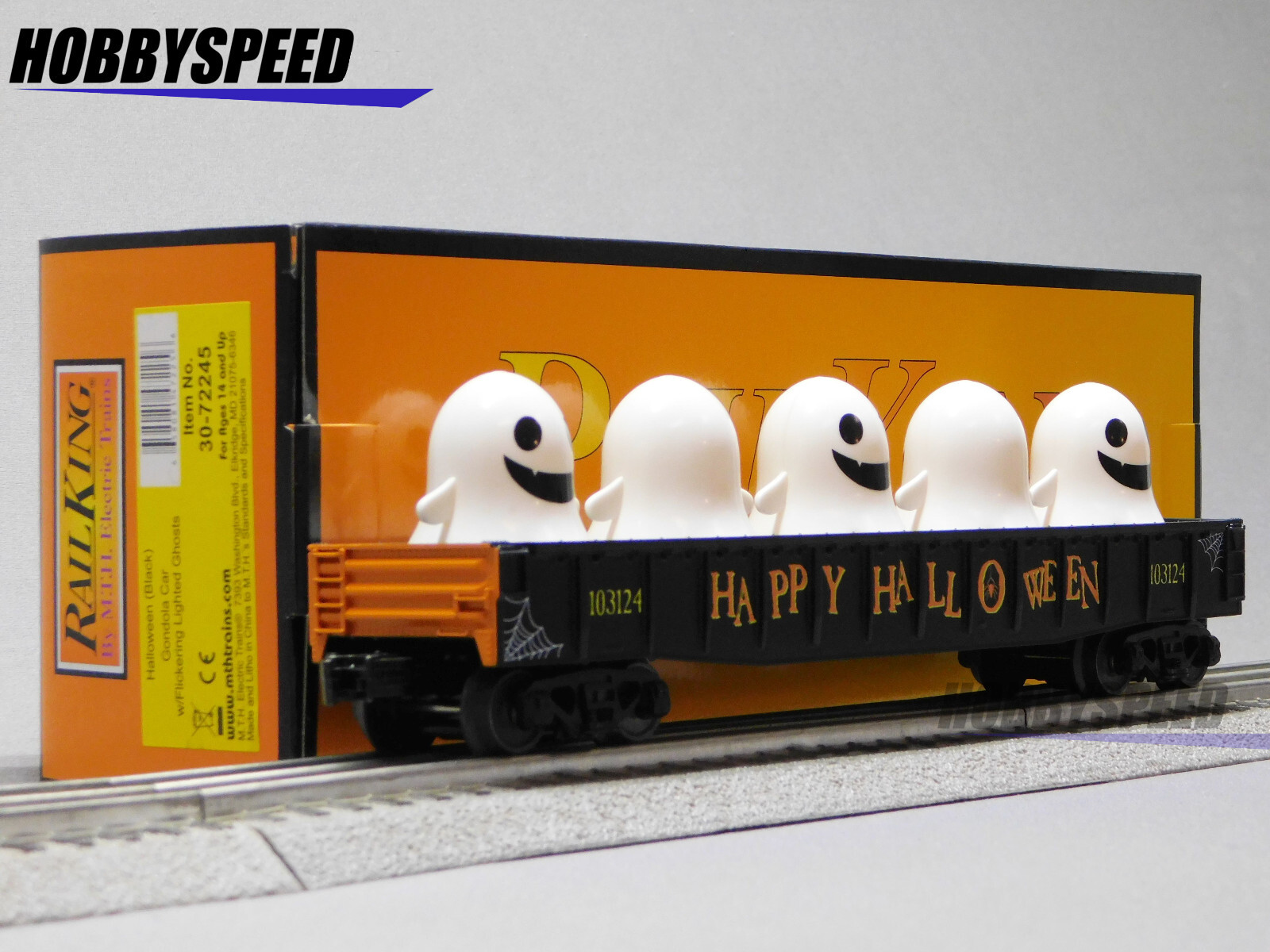 MTH RAILKING HALLOWEEN GONDOLA CAR WITH FLICKERING LIGHTED GHOSTS 30-72245 NEW