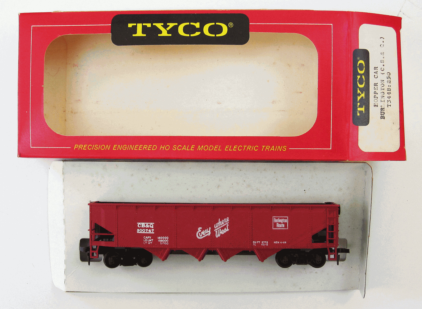 Vintage Tyco HO Scale #344B Hopper Car Burlington Red CB&O 300747 In Box