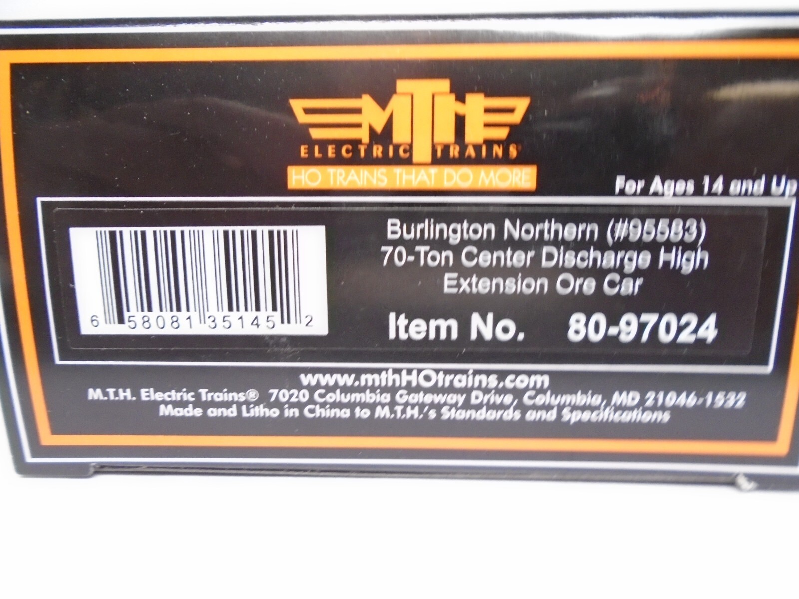 MTH Ho 80-97024, 70 ton Ore car with load, Burlington Northern 95583