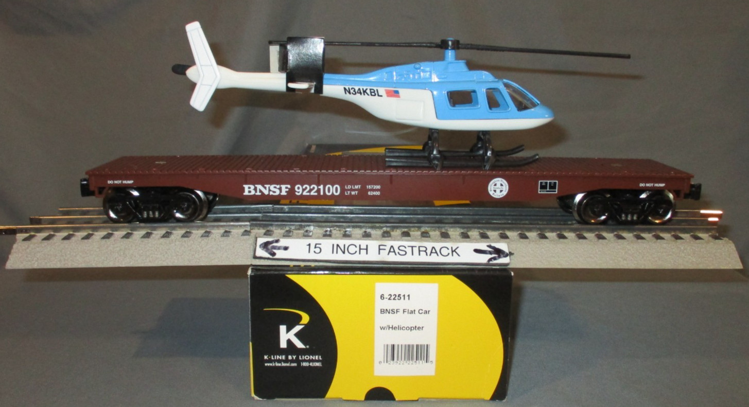 K-Line by Lionel 22511 BNSF #922100 Long Flatcar w/ Helicopter Load O/027 ga. 07