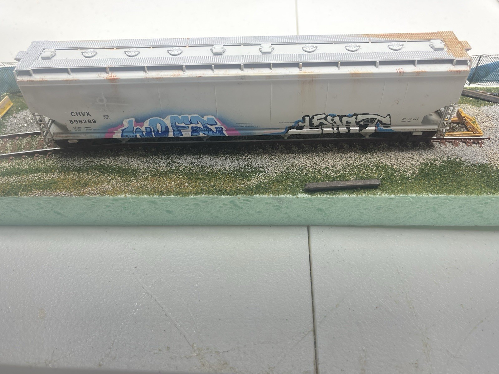 HO Scale Custom Train Display With Hopper Car Custom Graffiti And Weathering