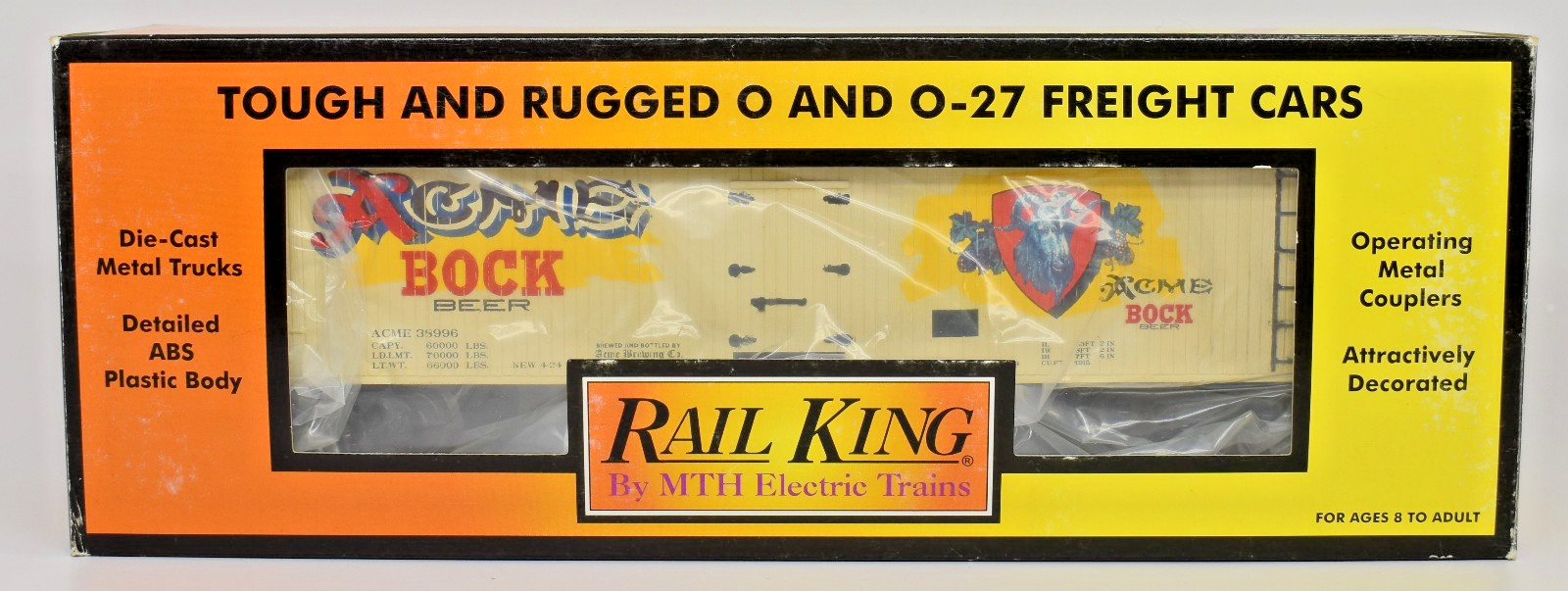 MTH RAILKING 3-RAIL O #38996 ACME BOSCH BEER 40′ WOODSIDE REEFER 30-78036 USED