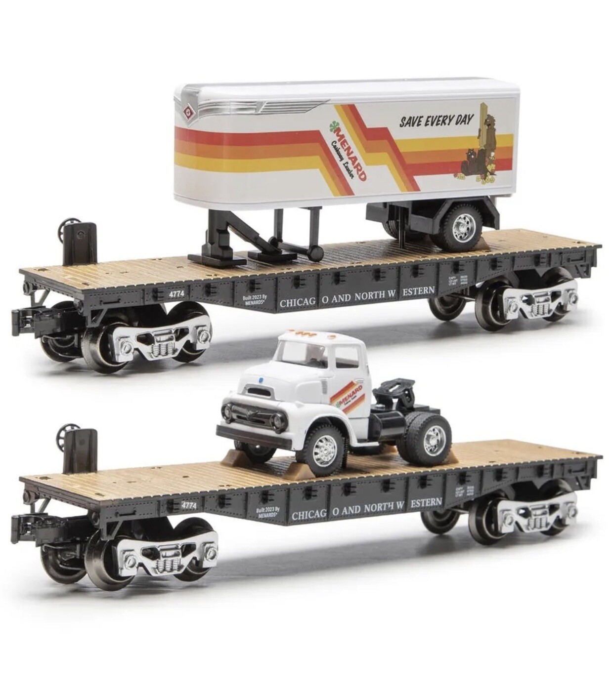 MENARDS 1/48 TRACTOR & PUP TRAILER (1956) CHICAGO NORTHWESTERN FLAT CAR O GAUGE