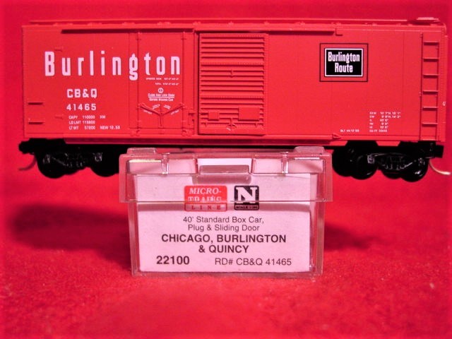 MTL 22100-2 C.B.&Q. ‘BURLINGTON’ 40′ Plug/Slider Box Car #41465 ‘NEW’ N-SCALE