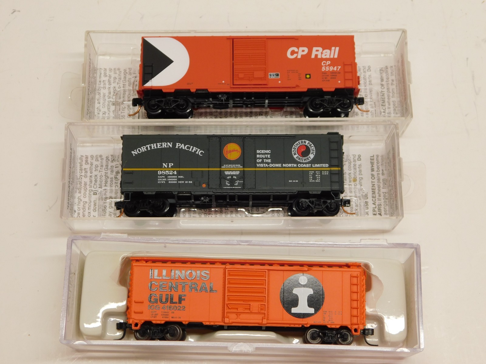Micro Trains/Atlas 40′ Box Cars CP Rail/ Northern Pacific/Illinois Central Gulf