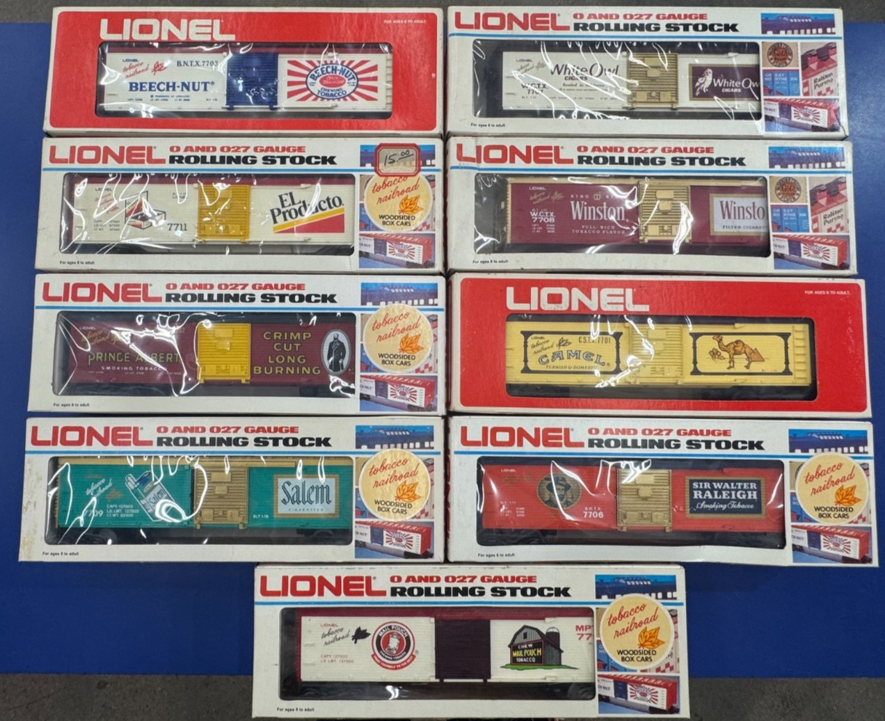 9pc Lot O/O27 Gauge Lionel Cigar & Tabacco Camel White Owl etc Box Freight Cars