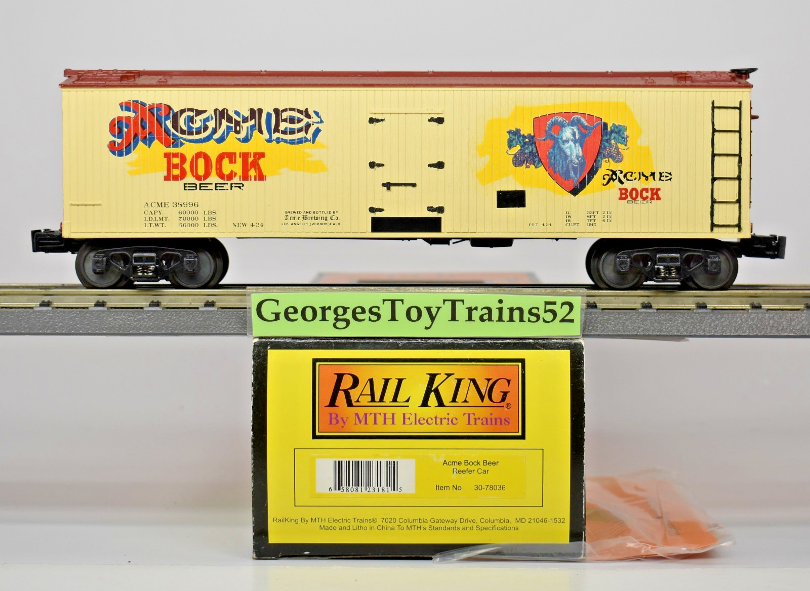 MTH RAILKING 3-RAIL O #38996 ACME BOSCH BEER 40′ WOODSIDE REEFER 30-78036 USED