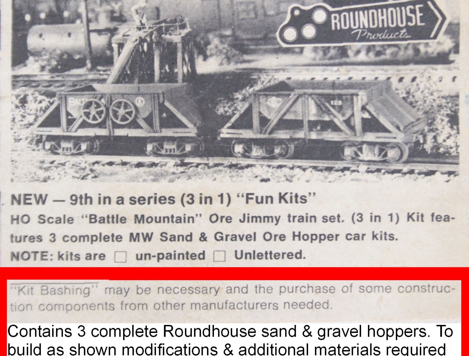 HO Roundhouse Undecorated 3-in-1 Old Time Battle Mountain Gravel Car Kit Pr Open