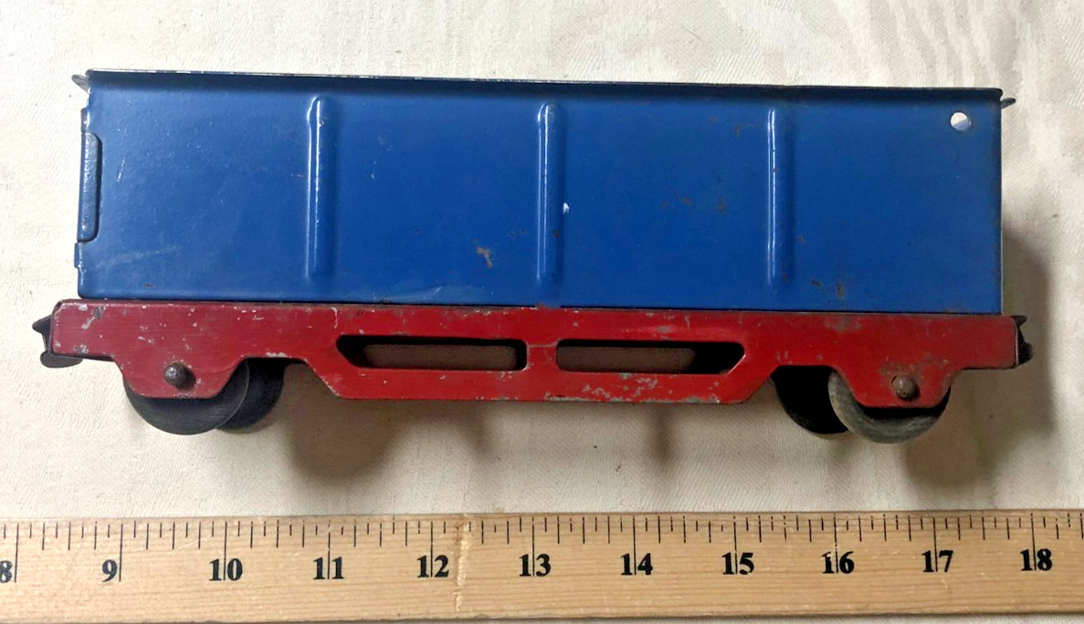 Marx Blue Floortoy Train Gondola Stamped Steel Red Base Wooden Wheels