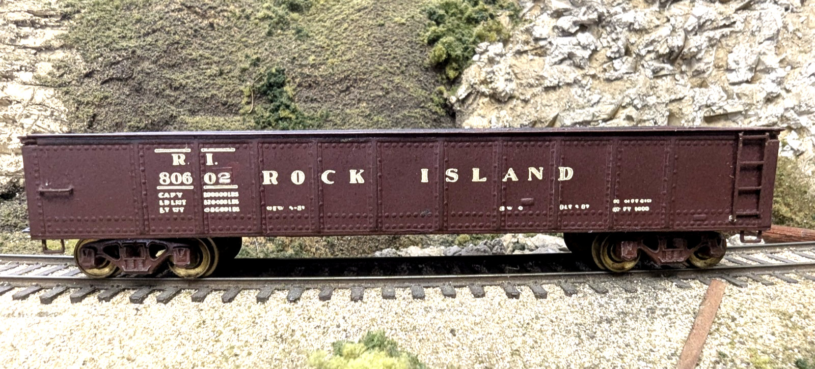 BRASS Rock Island/RI 40′ Gondola #80602, Vintage Mantua HO All Metal, Excellent