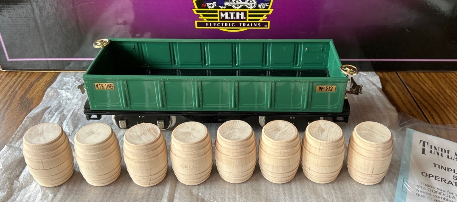 MTH Standard Tinplate Peacock w/ Brass 512 Gondola Car w/ Barrels 10-1119 NEW