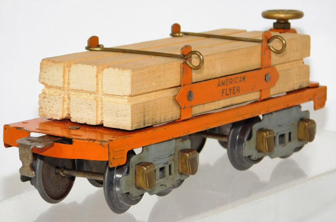Prewar American Flyer O #3046 (D) Orange Flatcar w/ Lumber 8whl RUBBER STAMPED