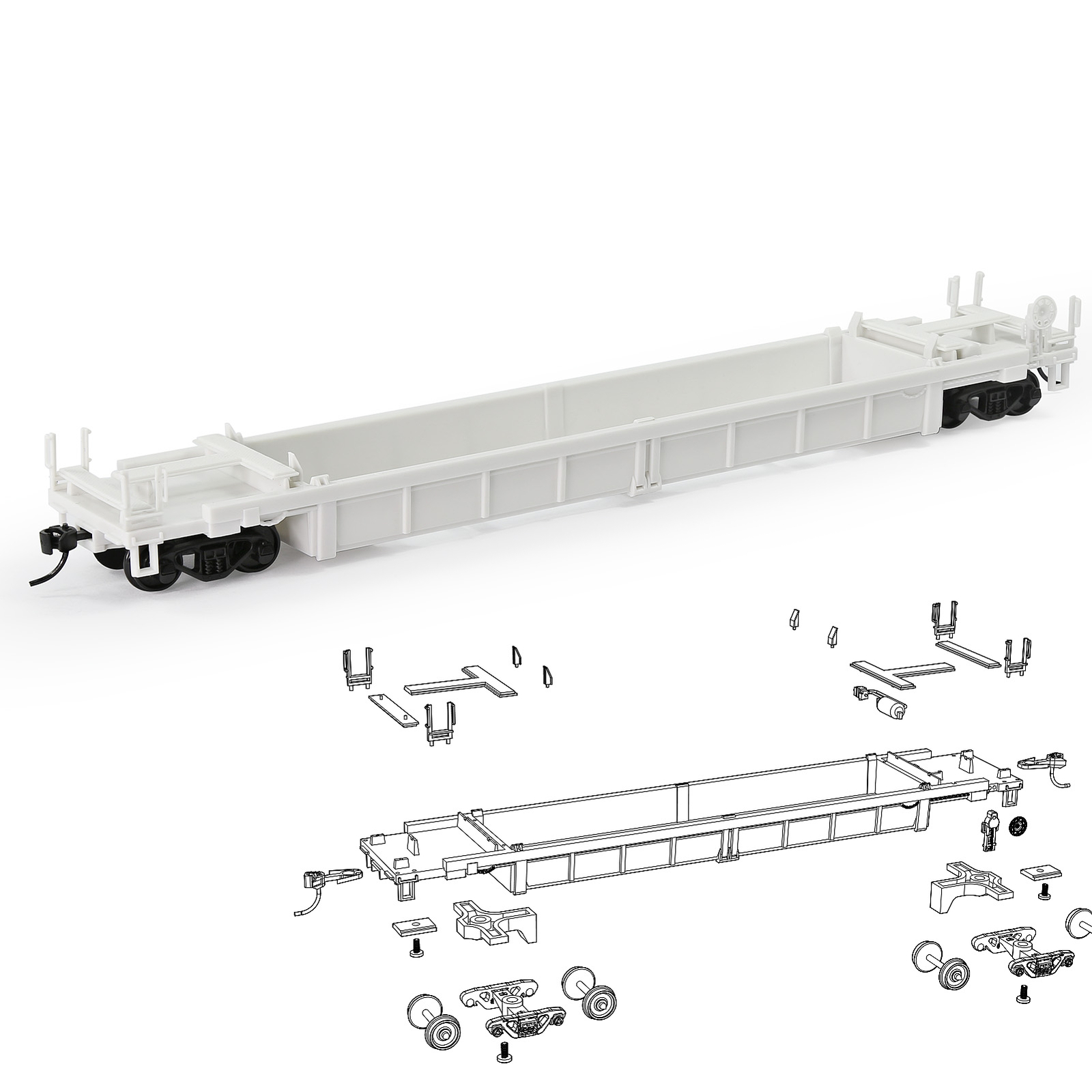 HO Scale 1:87 Blank Unassembled White 40′ Well Car Model Wagon