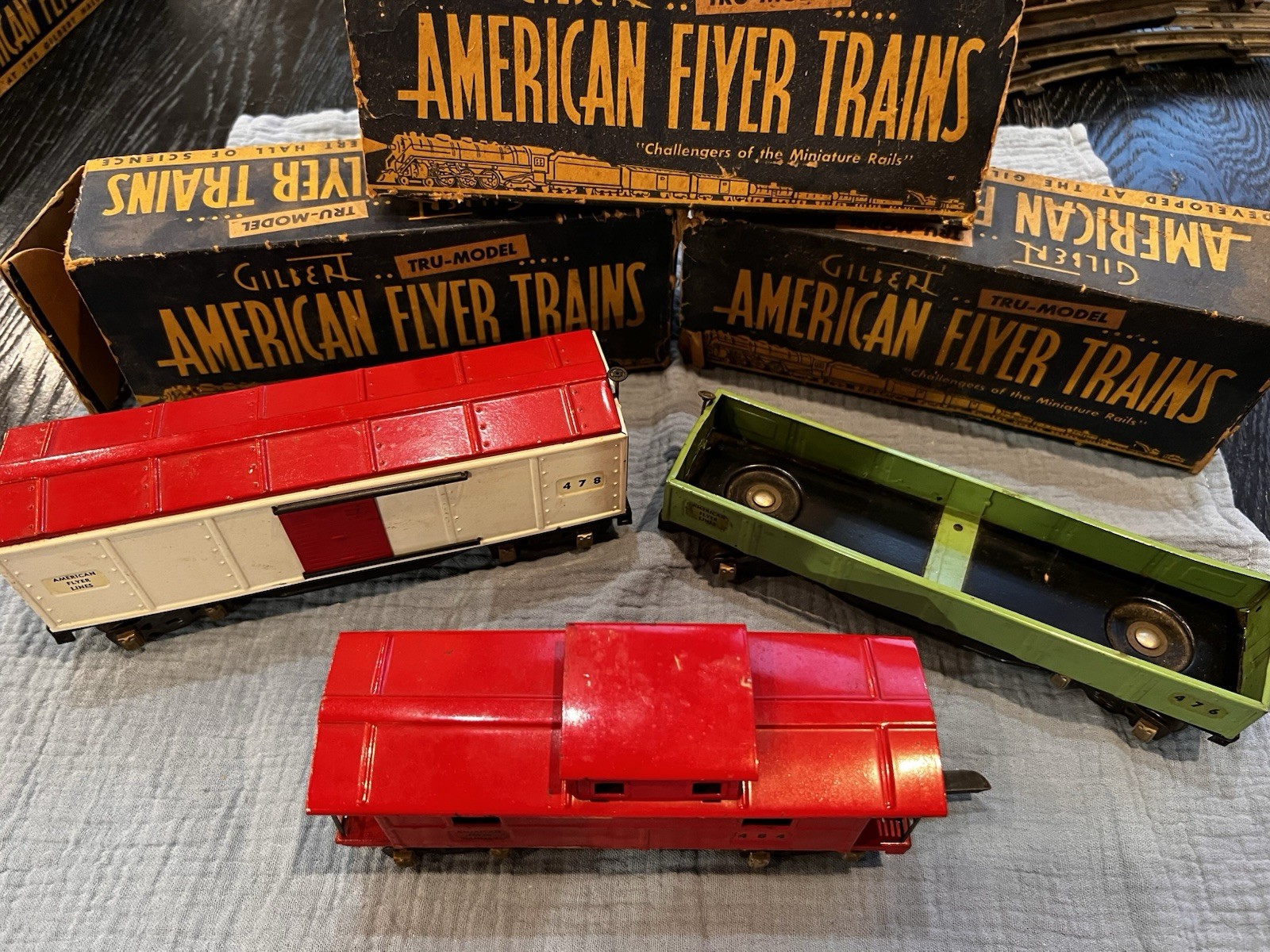 American Flyer O Gauge Prewar Gondola 476, Boxcar 478 & Caboose 484 Lot W/boxes
