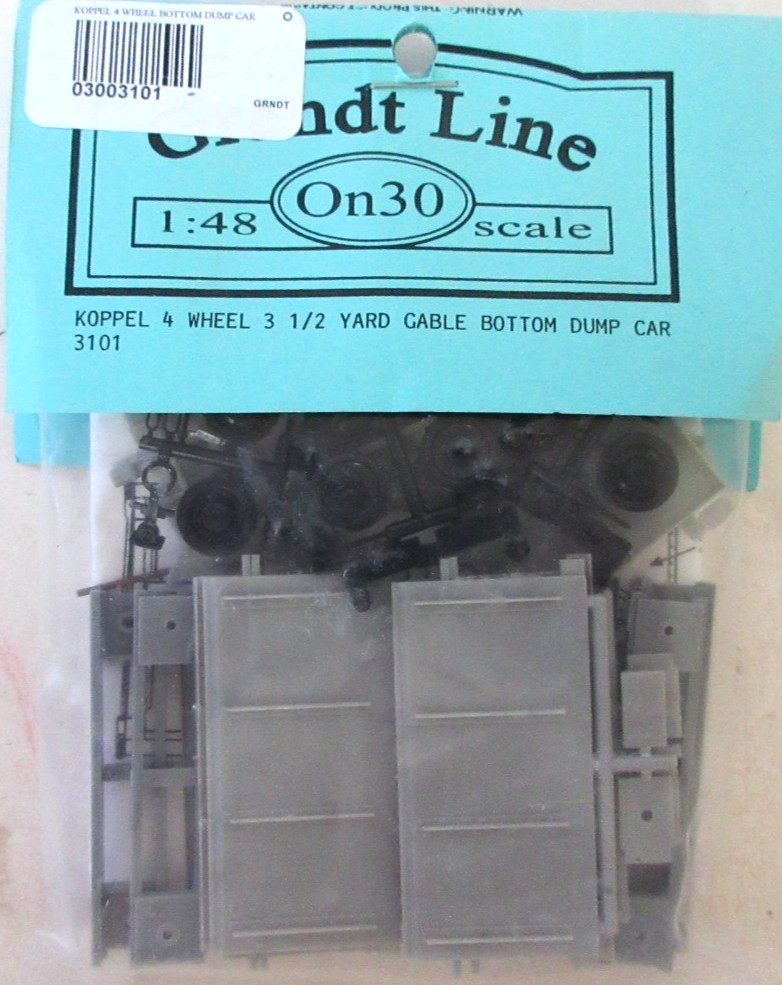 On3O 1:48 SCALE GRANDT LINE 3101 KOPPEL 4 WHEEL 3 1/2 YARD CABLE BOTTOM DUMP CAR